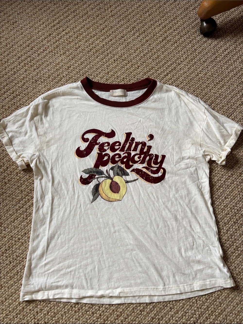 Altar'd State Cream Ringer Tee with Burgundy Trim & Peach Graphic
